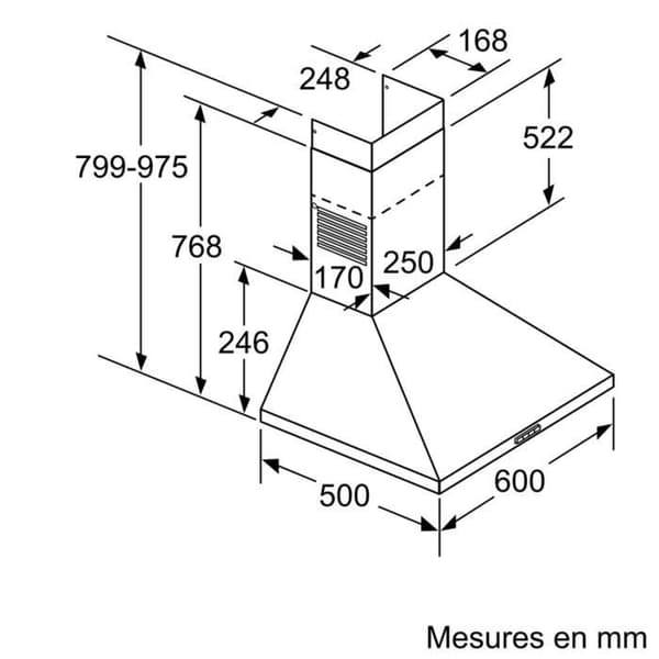 BOSCH DWP64BC50 väggmonterad huva - Bredd 60 cm - Rostfritt stål - Evakuering / Återvinning - 360 m3 luft / h - 66 dB max - C - 3 hastigheter