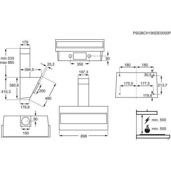Electrolux Lutande huva - 90 cm (L) - evakuering eller återvinning - 66dB max - 3 hastigheter - Svart - LFV319K