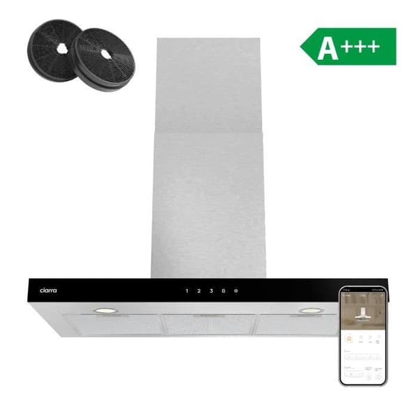 CIARRA Fläktkåpa 90cm Wi-Fi Connected and Touch 650 m3/h 4 hastigheter Booster Klass A+++ Rostfritt stål Väggmonterad köksfläkt