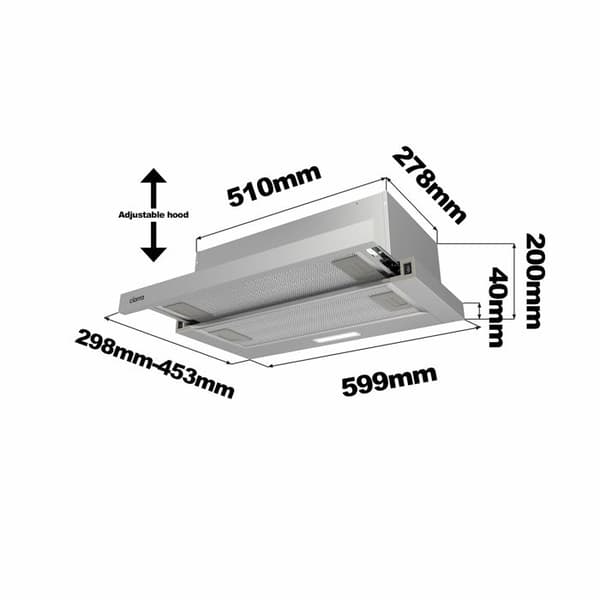 CIARRA Infällbar lådhuva - 60cm - 370 m3/h - Klass A++ - med 2st kolfilter - LED-belysning - Rostfritt stål