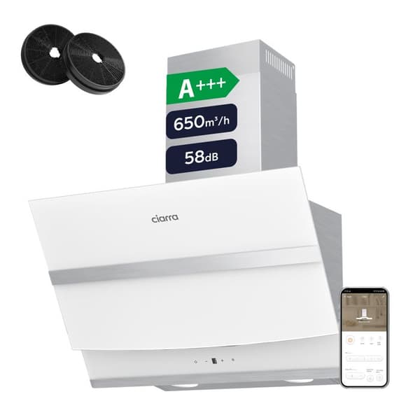 CIARRA Lutande huva 60 cm Wi-Fi ansluten Booster 4 hastigheter 650 m3/h Klass A+++ Huva Touchknapp Vit