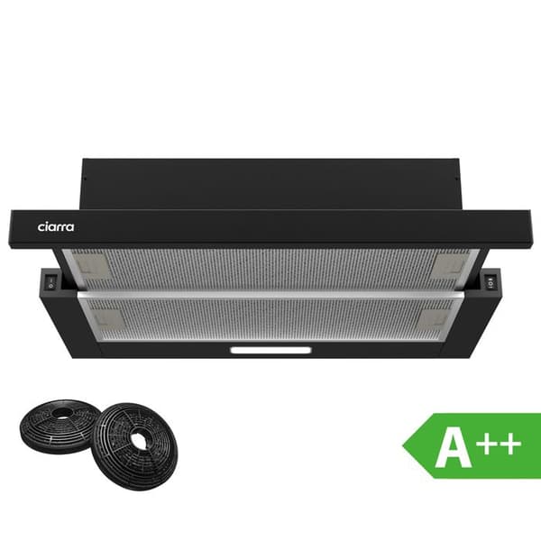 CIARRA Teleskophuva 60cm Klass A++ 370m3/h 2st Active Filter Integrerad låda Huva Svart