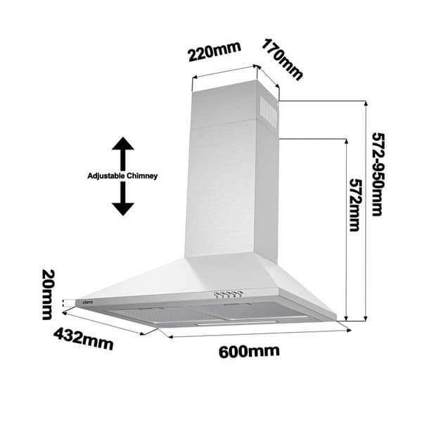CIARRA dekorativ huva 60cm A++ 2st Kolfilter 370m³/h Återvinning eller evakuering 3 hastigheter INOX
