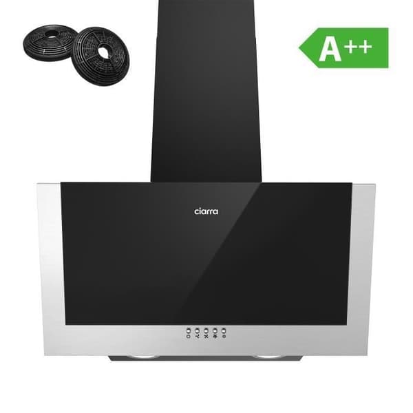 CIARRA Vinklad Fristående Fläkt 60cm - 370m³/h med 2 st Kolfilter Klass A++ - 3 Hastigheter - Utblås &amp; Återvinning - SVART