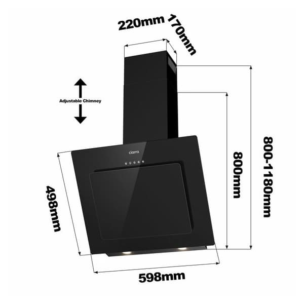CIARRA Lutande huva 60cm A++ 2st kolfilter - 370m³/h 3 hastigheter Återvinning eller evakuering LED-belysning - rostfritt stål och glas