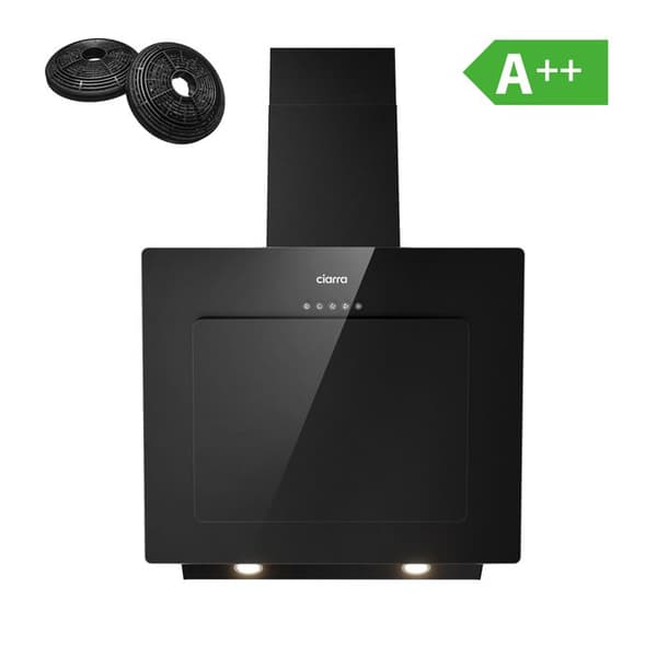 CIARRA Lutande huva 60cm A++ 2st kolfilter - 370m³/h 3 hastigheter Återvinning eller evakuering LED-belysning - rostfritt stål och glas