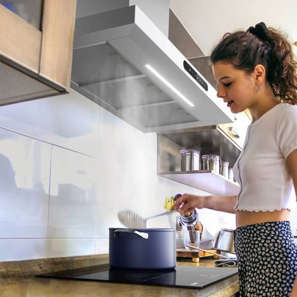 CIARRA Connected Hood 90cm APP Control Touch Button 650m3/h Booster ingår 2st Kolfilter Justerbar Belysning Vitt Glas