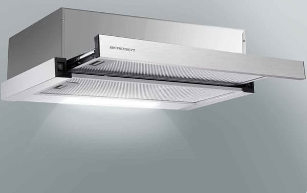BERDSEN BT-233 Rostfritt stål teleskopisk köksfläkt med LED-belysning, 200 m3/h kapacitet