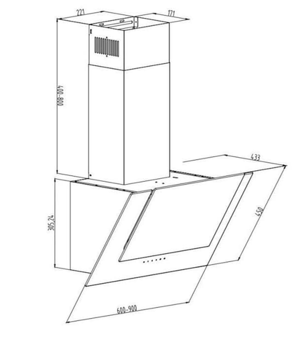 GURARI Kökfläkt CH 6065E, 60 cm köksfläkt, väggmonterad fläkt, svart, glas, 1000m³/h