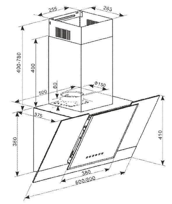 Kaiser AT 8438 FW ECO+tillbehör flexibel, Köksfläkt 80 cm, i vitt, Vitt glas, 910 m³/h