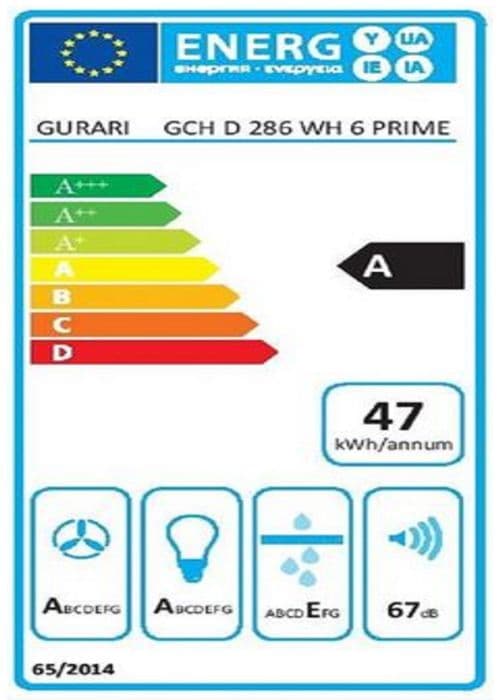 Gurari hotte Murale GCH 286 WH 6 Prime, köksfläkt, Vit glas, EEK A