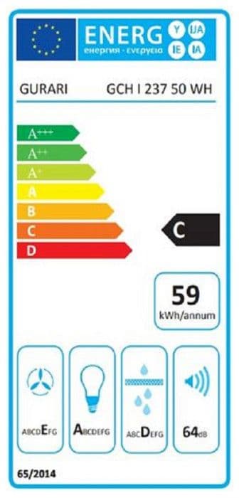 Köksfläkt GURARI GCH I 237 WH 50, köksfläkt 50 cm, 860m³/h, återcirkulering av luft, vit