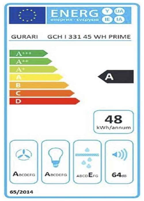 Gurari GCH I 331 45 WH Prime, 45 cm recirkulerande köksfläkt, takmonterad kåpa, 1000 m³/h, Vitt glas