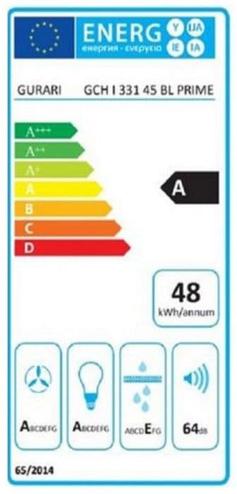 GURARI Hotte GCH I 331 45 BL PRIME, köksöfläkt med recirkulation 45 cm, takhuv, 1000m³/h, svart, svart glas