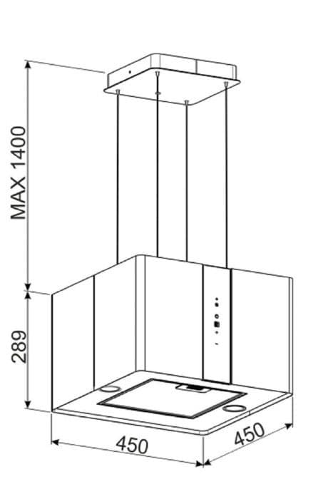 GURARI Hotte GCH I 331 45 BL PRIME, köksöfläkt med recirkulation 45 cm, takhuv, 1000m³/h, svart, svart glas