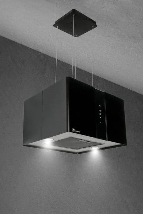 GURARI Hotte GCH I 331 45 BL PRIME, köksöfläkt med recirkulation 45 cm, takhuv, 1000m³/h, svart, svart glas