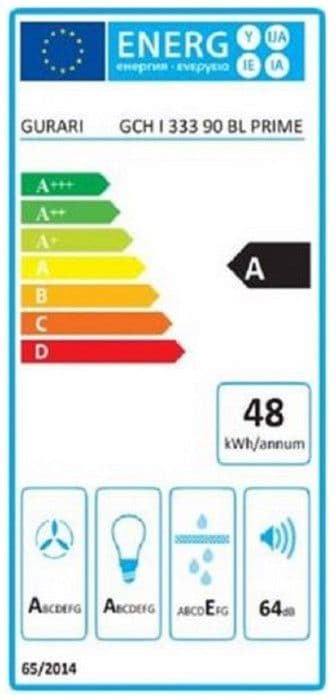 GURARI Köksfläkt ö-ö GCH I 333 90 BL Prime, 90 cm köksfläkt, takfläkt, 1000m³/h, svart glas, 4 hastigheter