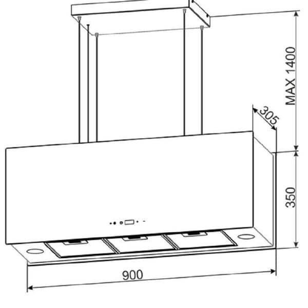 GURARI Köksfläkt ö-ö GCH I 333 90 BL Prime, 90 cm köksfläkt, takfläkt, 1000m³/h, svart glas, 4 hastigheter