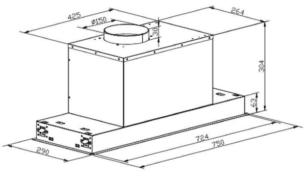 Kaiser EA 745 Eco+tubo flexibelt, ventilationsmodul, rostfritt stål, köksfläkt 75 cm, 650 m³/h, LED