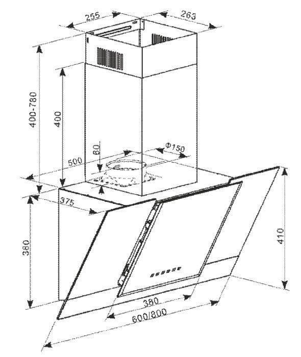 Kaiser AT 8438 F ECO + flexibel slang köksfläkt, 80 cm, svart glas rostfritt stål