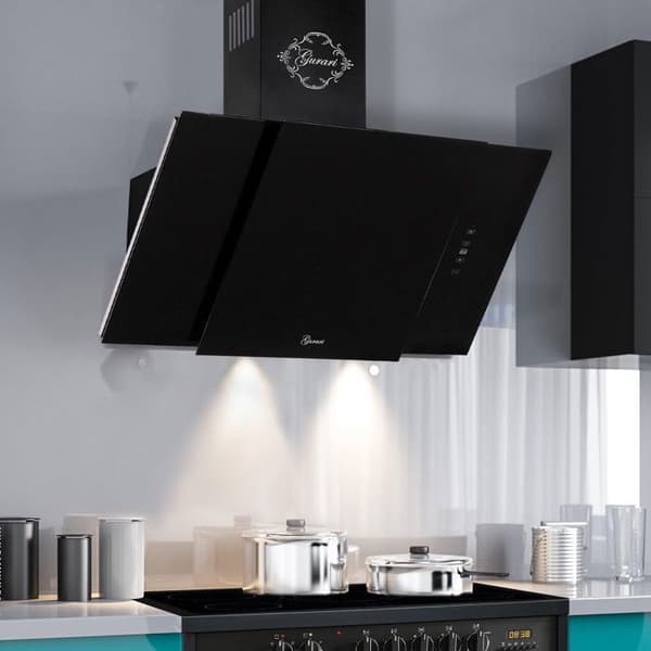 GURARI Hotte aspirante GCH S 171 90 BL PRIME, köksfläkt 90 cm, takmonterad fläkt, svart glas, 1000m³/h