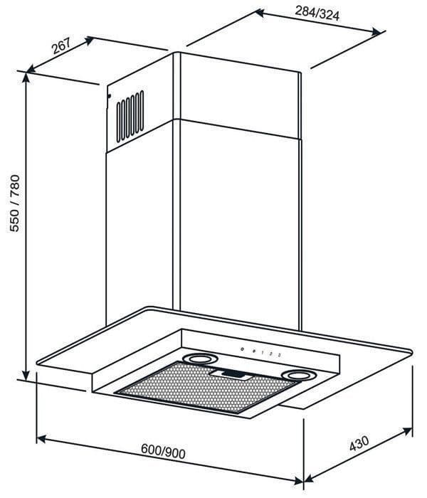 GURARI Väggmonterad fläkt 466 60 BL Pr, väggmonterad köksfläkt 60 cm 1000 m³/h i svart med glas