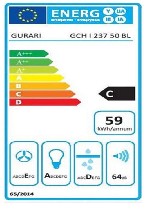 GURARI Köksökhängande fläkt GCH I 237 50 BL, Återvinningsköksofläkt, Köksofläkt 50cm, Takfläkt, 860m³/h
