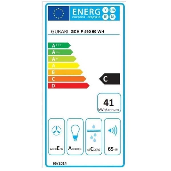 GURARI GCH F 590 60 WH, Kökfläkt infälld 60 cm, 250m³/h, med glas, LED