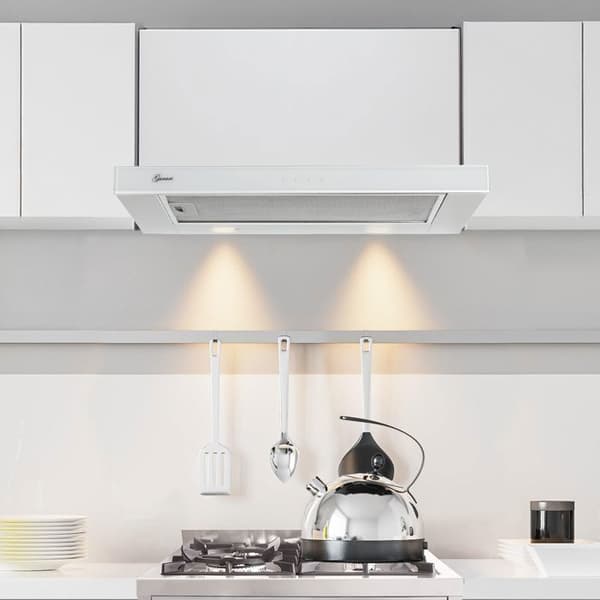 GURARI Fläkt med platt deflektor GCH 117 WH Prime, Inbyggd fläkt 60 cm, i vit, Vit glas, 1000m³/h, Effektiv