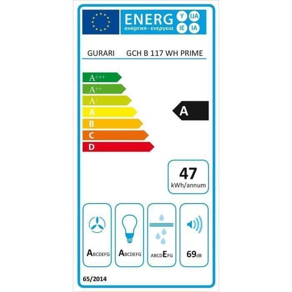 GURARI Fläkt med platt deflektor GCH 117 WH Prime, Inbyggd fläkt 60 cm, i vit, Vit glas, 1000m³/h, Effektiv