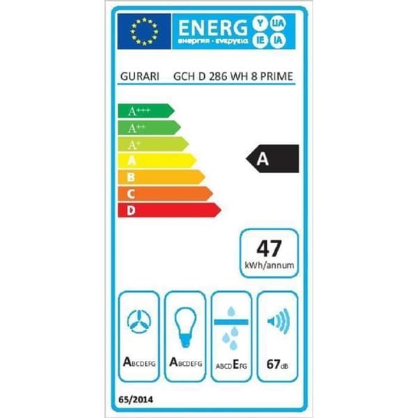 GURARI GCH 286 WH 8 PRIME+ kolfilter, Fläkt utan huva 80cm i vitt/ 1000m³/h / Vägghängd fläkt+kolfilter