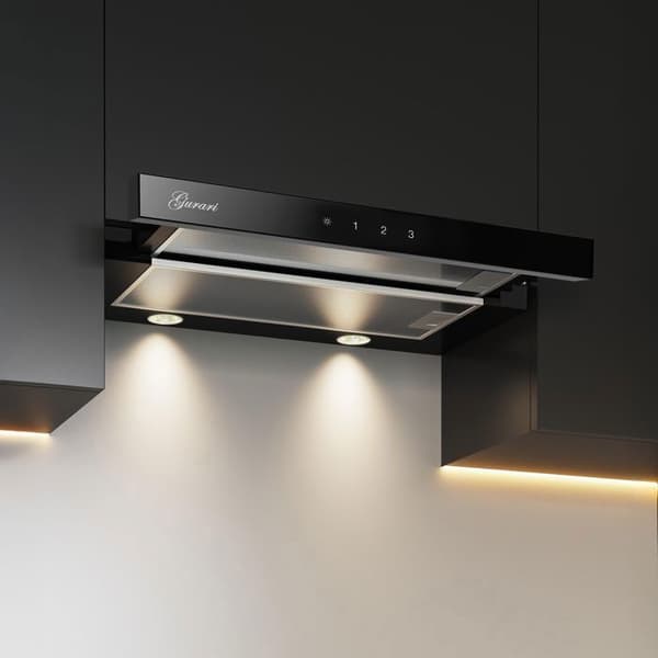 Gurari väggmonterad spisfläkt GCH B 117 BL Prime, köksfläkt 60 cm, i svart, svart glas, 1000m³/h