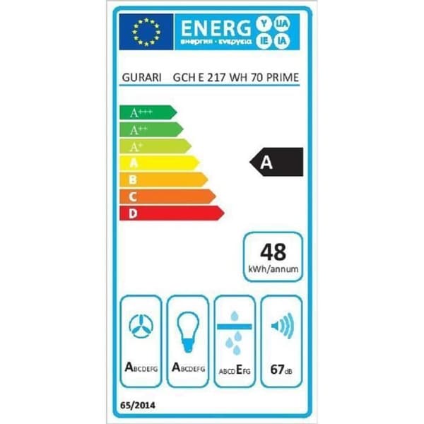 GURARI köksfläkt GCH E 217 WH 70 PRIME, fläkt 70 cm, vit, vitt glas, 1000m³/h