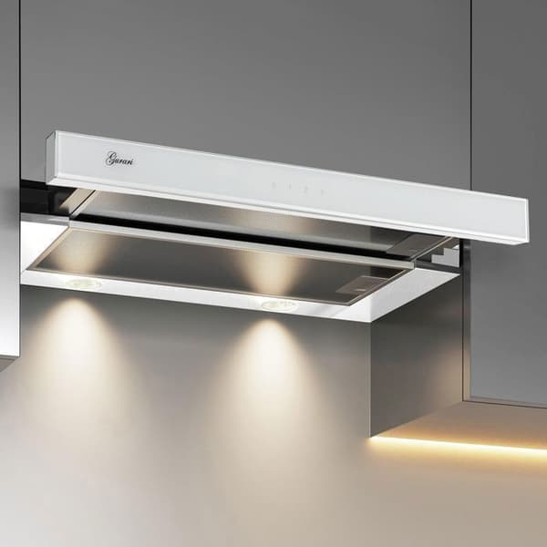 GURARI GCH B 117 WH Prime+kolfilter, Inbyggd köksfläkt 60 cm, i vitt, Vitt glas, 1000m³/h+kolfilter