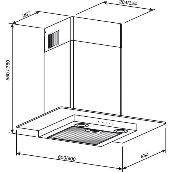 GURARI Väggfläkt GCH T 466 IS 60 BL PRIME, köksfläkt 60 cm 1000m³/h, väggfläkt i rostfritt stål, glas, energieffektivitetsklass
