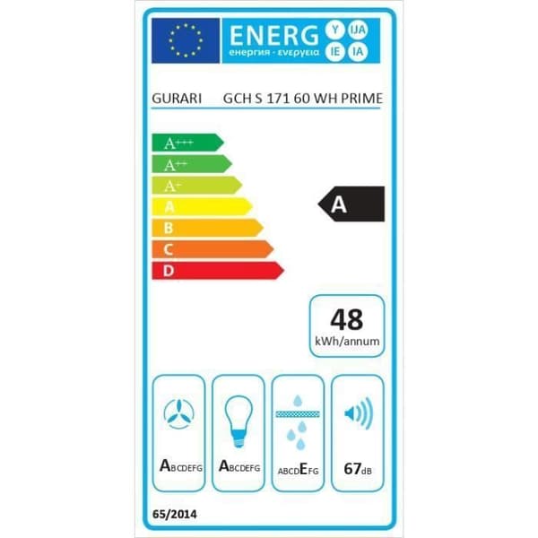 GURARI Fristående fläkt GCH S 171 WH 60 Prime, Köksfläkt 60 cm, Fristående fläkt, vit, vitt glas, 1000m³/h