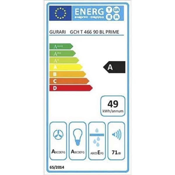 GURARI Väggmonterad fläkt GCH T 466 90 BL PRIME, väggmonterad fläkt 90 cm 1000 m³/h i svart med glas, energieffektivitet klass