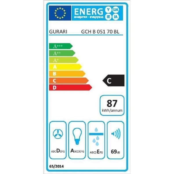 GURARI GCH B 051 70 BL+kolsyrefilter, Spisfläkt 70 cm, Takfläkt, i svart, 1000m³/h+kolsyrefilter