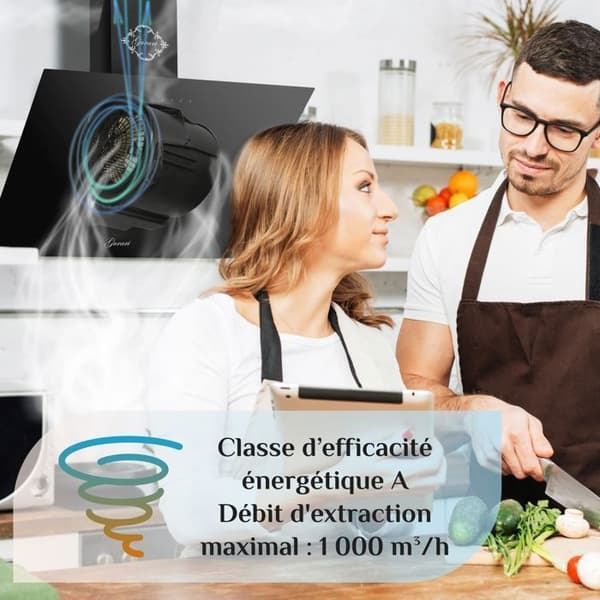 Gurari köksfläkt GCH D 286 BL 9 Prime, 90 cm köksfläkt, väggmonterad fläkt 1000m³/h
