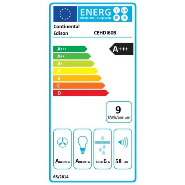 Dekorativ lutande fläktkåpa - CONTINENTAL EDISON - CEHDI60B - A +++ - L60 cm - Svart