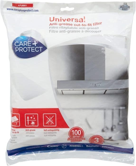 CARE+PROTECT Universellt Filter för Fläkt, Fettavvisande, Luktavvisande, Brandbeständigt, 47x97 cm, Kan Skäras Efter Mått, 100 g/m²