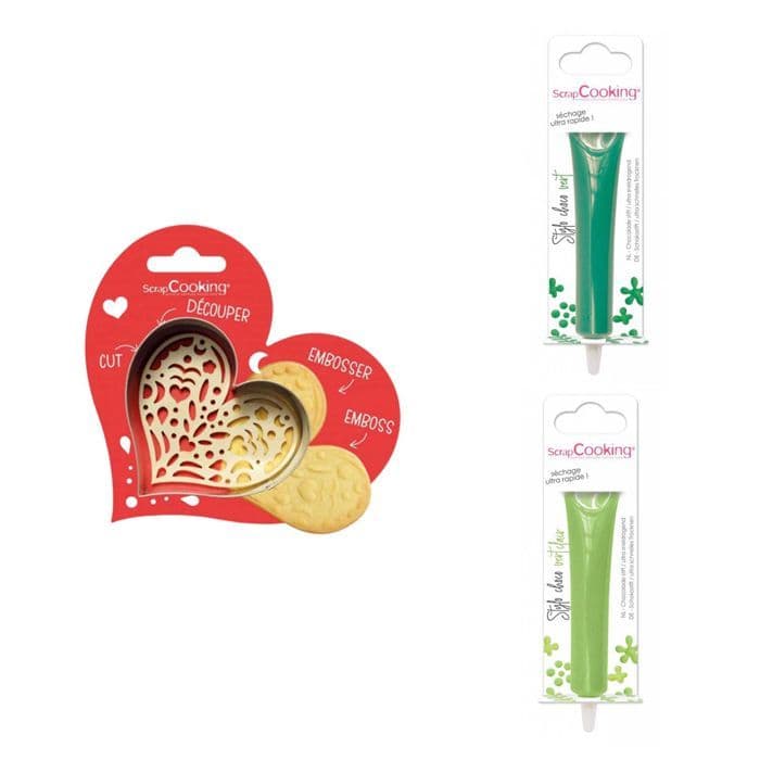 Kit för kaka i relief Hjärta + 2 pennor i grön och ljusgrön choklad