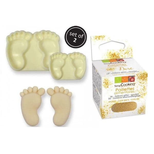 2 babyfötter tårtformar + gyllene glitter