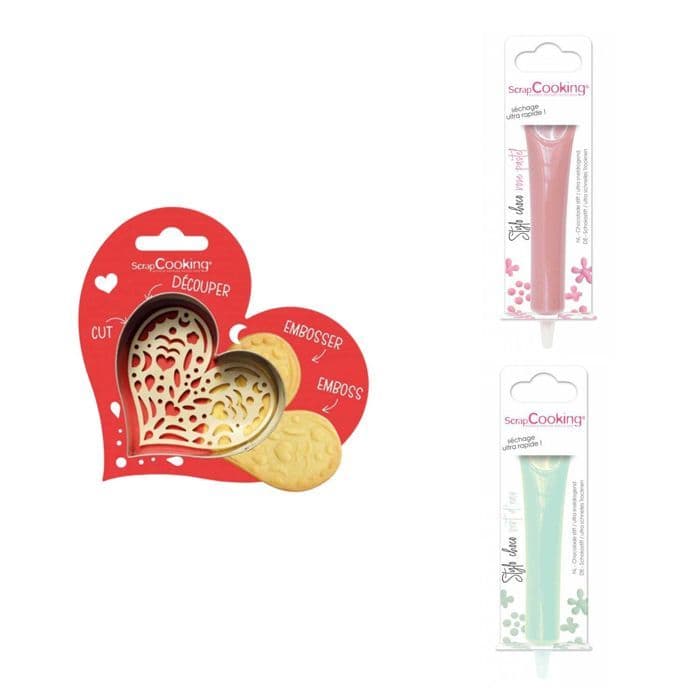 Kit för kaka i relief Hjärta + 2 pastellrosa och vattengröna chokladpennor