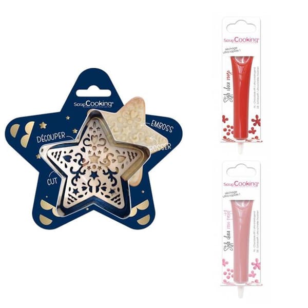 Kit för präglad kakstjärna + 2 pastellröda och rosa chokladpennor