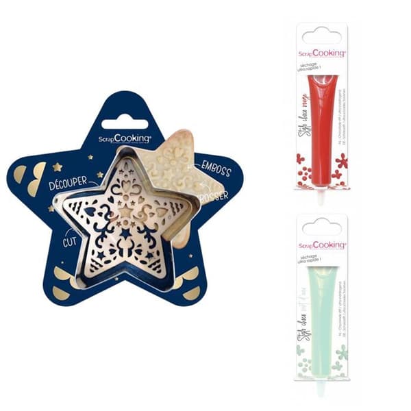 Kit för präglad stjärnkaka + 2 röda och vattengröna chokladpennor