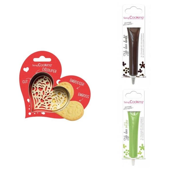 Kit för kaka i relief Hjärta + 2 bruna och ljusgröna chokladpennor