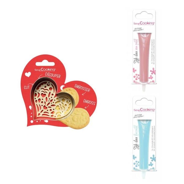Kit för kaka i relief Heart + 2 pastellrosa och pastellblå chokladpennor