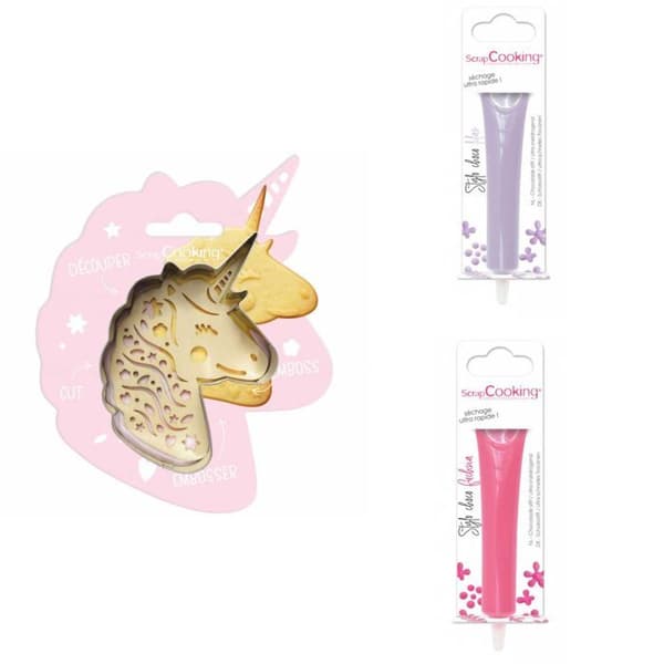 Kit för enhörningspräglad kaka + 2 lila och fuchsia chokladpennor
