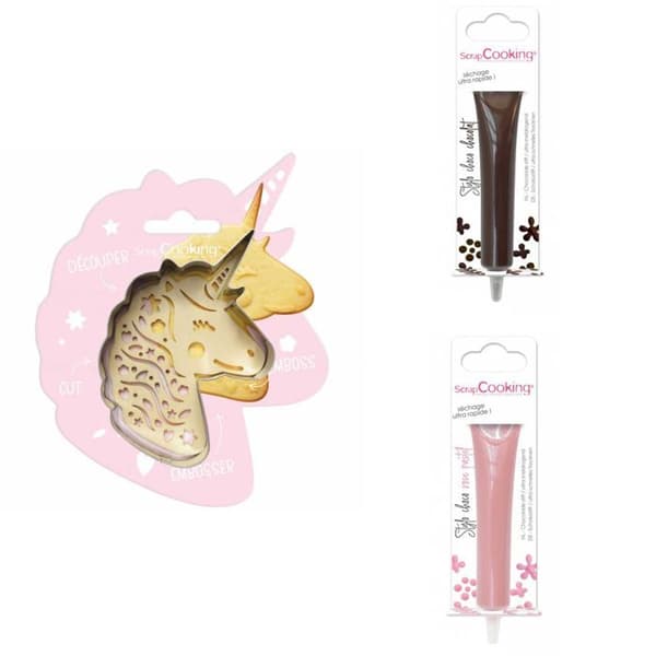 Kit för enhörningspräglad kaka + 2 pastellbruna och rosa chokladpennor